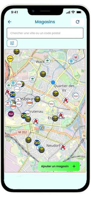 Une capture d'ecran de la carte des magasins de Reprice, là ou les utilisateurs peuvent démarrer leur comparaisons