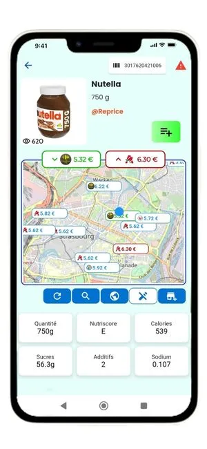 L'application mobile Reprice sur une fiche produit qui permet de comparer les prix. Il y a une carte intéractive avec tous les prix relevés autour.