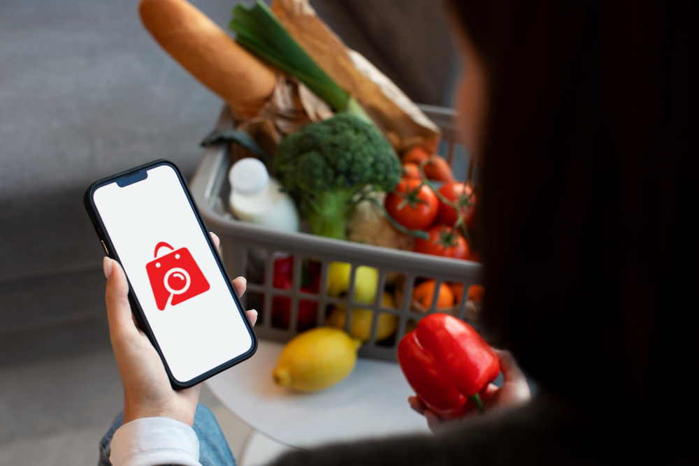 Femme organisant sa liste de courses avec l'appli de comparaison de prix