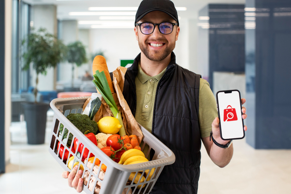 Un homme utilise l'application Reprice pour comparer les prix des produits au supermarché